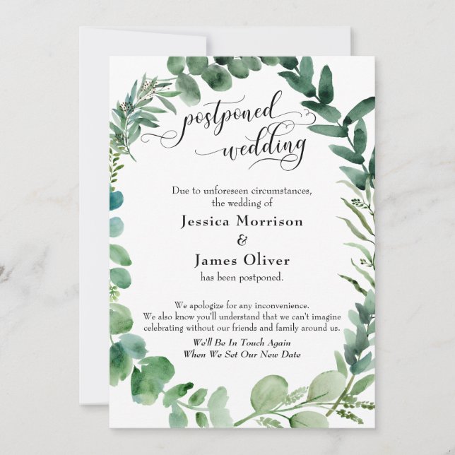 Script w/ Eucalyptus Wreath Postponed Wedding Card (Front)
