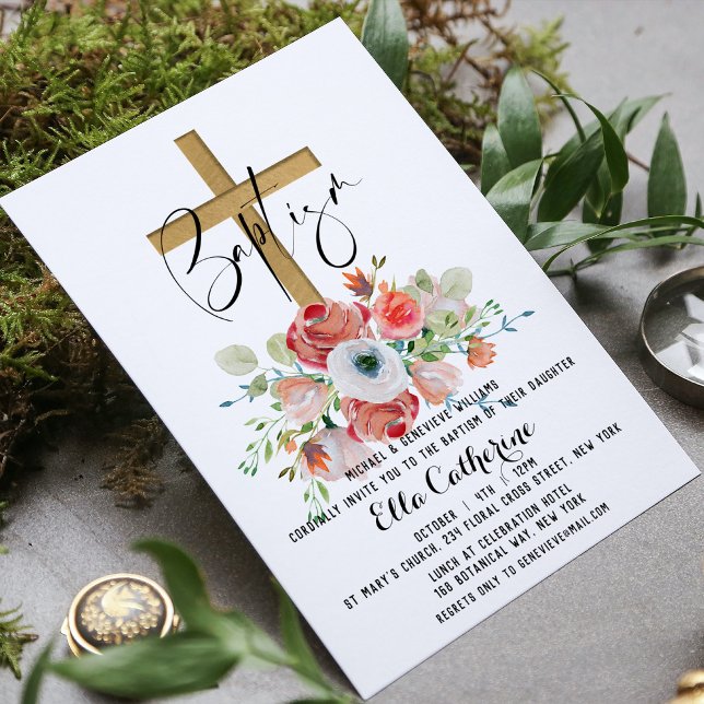 Script Watercolor Floral Cross Baptism Invitation (Creator Uploaded)