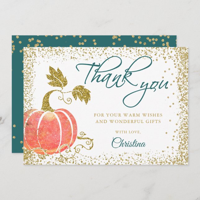 Script Watercolor Pumpkin Glitter Fall Thank You (Front/Back)