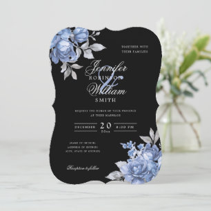 Script Wedding Dusty Blue Rustic Floral Black Invitation