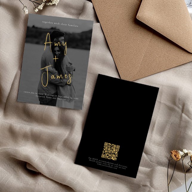 Script Wedding Invitation with Photo and QR Code (This Minimalistic and personalised wedding invitation design features your own photo and QR Code)