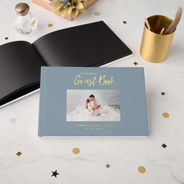 Script Wedding Photo Nautical Blue Wedding Guest Book (Front Open)