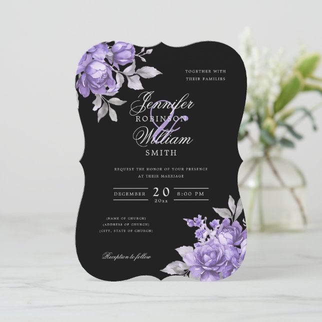 Script Wedding Purple Rustic Floral Black  Invitation (Standing Front)