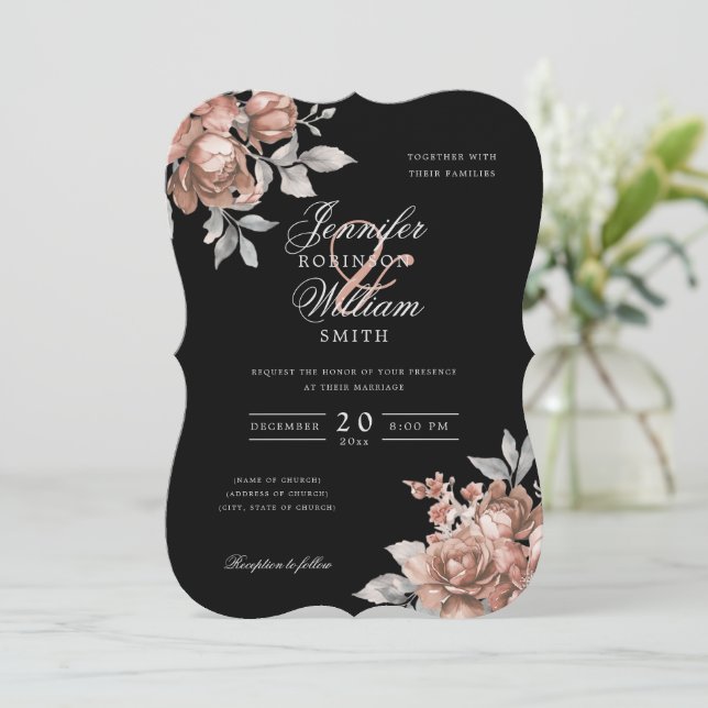Script Wedding Rose Gold Rustic Floral Black  Invitation (Standing Front)