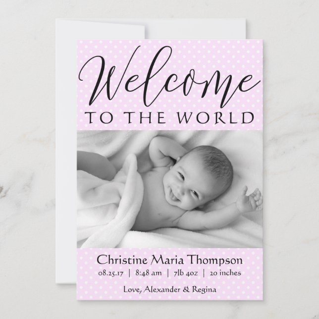 Script Welcome to the World pink polka dot photo Announcement (Front)