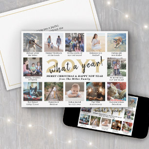 Script What a Year! 12 Photo Collage Gold & White Holiday Card