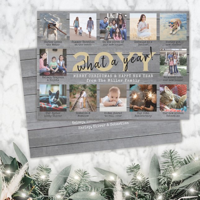 Script What a Year! 12 Photo Collage Grey Wood Holiday Card (Creator Uploaded)