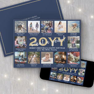 Script What a Year! 12 Photo Collage Navy and Gold Holiday Card