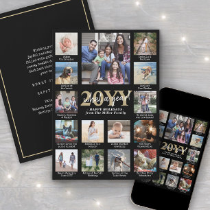 Script What a Year! 15 Photo Collage Black & Gold Holiday Card