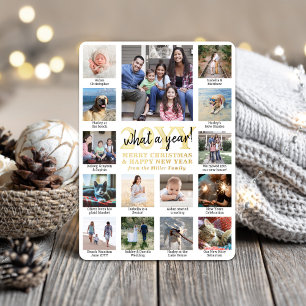 Script What a Year! 15 Photo Collage & Captions Foil Holiday Card