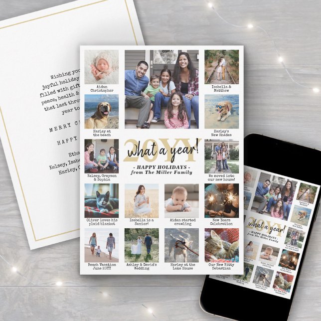 Script What a Year! 15 Photo Collage Gold & White Holiday Card (Creator Uploaded)
