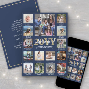 Script What a Year! 15 Photo Collage Navy and Gold Holiday Card