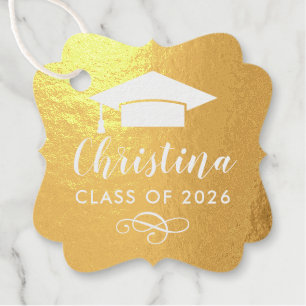 Script White Cap Class of 2026 Graduation Gold Favour Tags