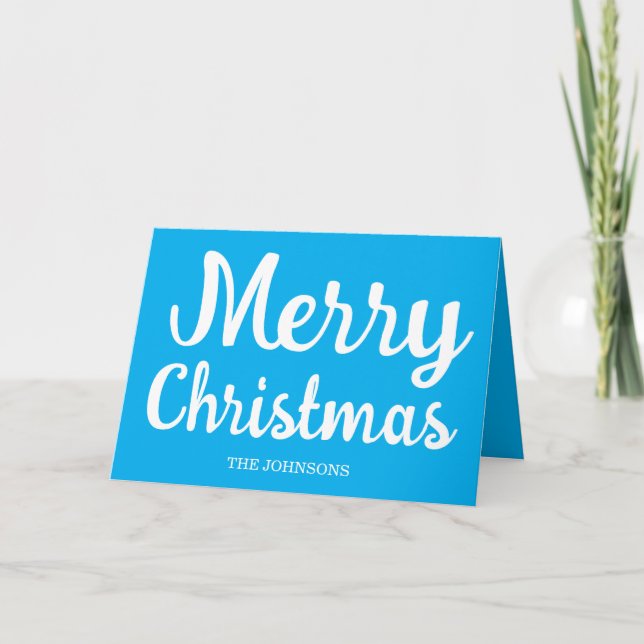 Script White Merry Christmas Blue Holiday Card (Front)