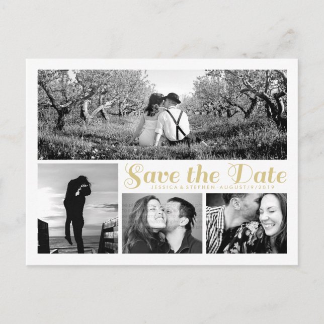 Script White Save The Date Collage Postcard (Front)