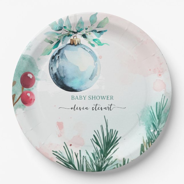 Script Winter Christmas Boy Baby Shower  Paper Plate (Front)