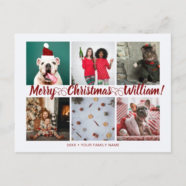 Script with Heart Merry Christmas 6 photos name Postcard (Front)