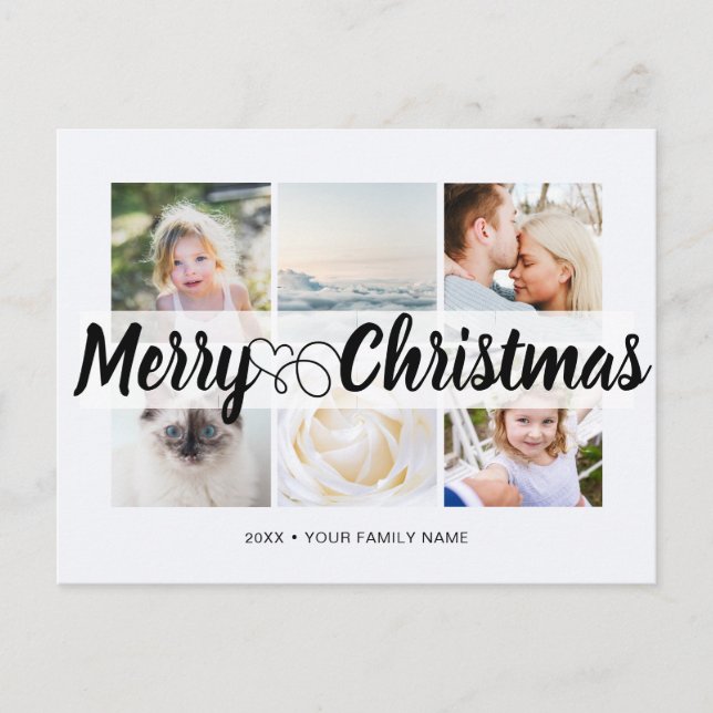 Script with Heart Merry Christmas 6 photos Postcard (Front)