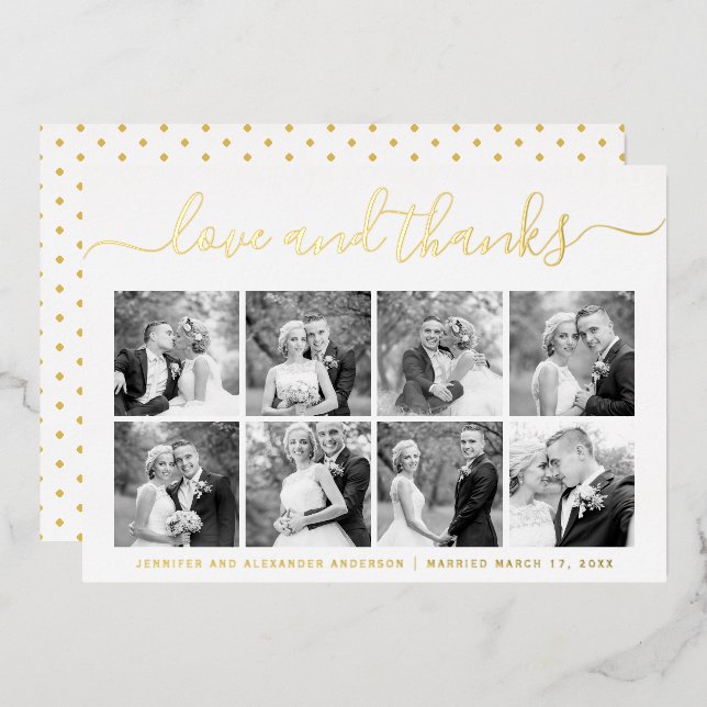 Script ypography wedding Thank You photo collage Foil Holiday Card (Front/Back)