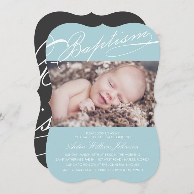 Scripted Baptism Rosary Cross Blue Photo Religious Invitation (Front/Back)
