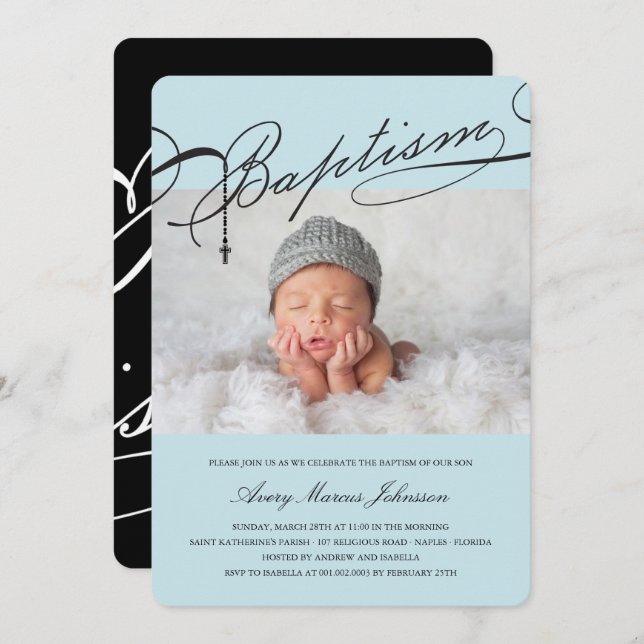 Scripted Baptism Rosary Cross Boy Photo Religious Invitation (Front/Back)