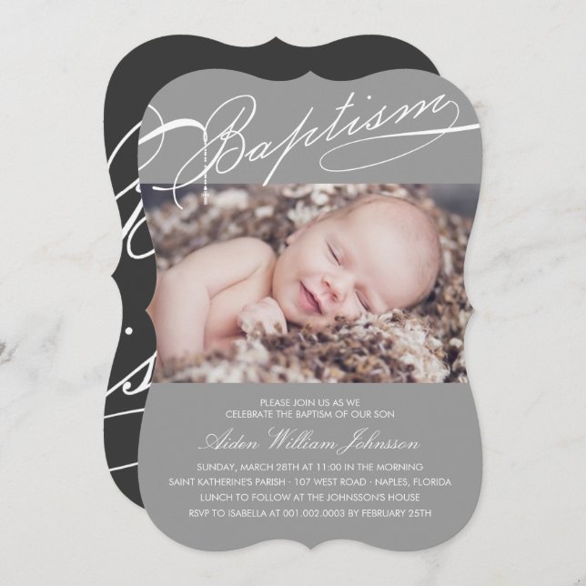 Scripted Baptism Rosary Cross Grey Photo Religious Invitation (Front/Back)