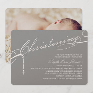 Scripted Christening Cross Grey Photo Religious Invitation