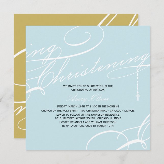Scripted Christening Modern Cross Blue Religious Invitation (Front/Back)