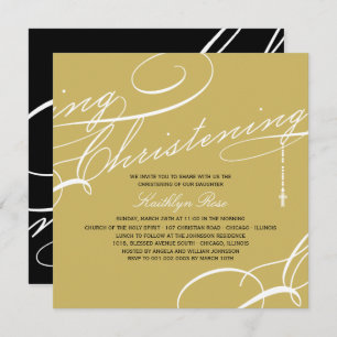 Scripted Christening Modern Cross Gold Religious Invitation