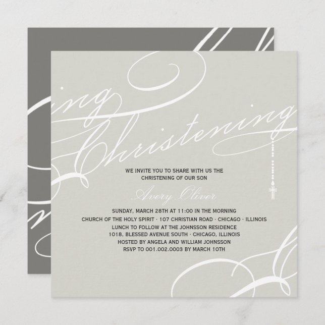 Scripted Christening Modern Cross Grey Religious Invitation (Front/Back)