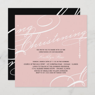 Scripted Christening Modern Cross Pink Religious Invitation