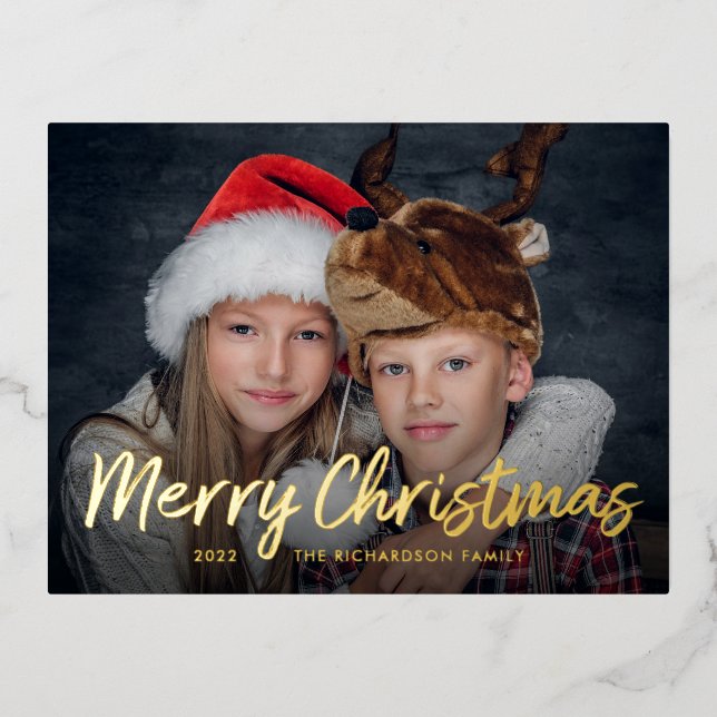 Scripted Christmas | Gold Foil with Photo Holiday Postcard (Front)