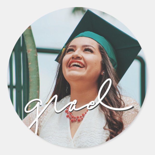 Scripted Grad Photo Classic Round Sticker (Front)