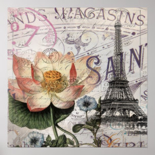 scripts french botanical lotus paris eiffel tower poster