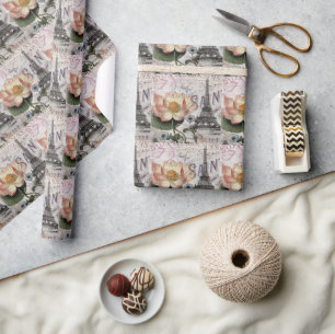 scripts french botanical lotus paris eiffel tower wrapping paper