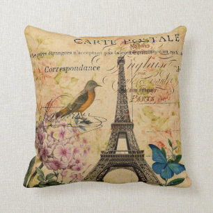 Scripts Hydrangea French Bird Paris Eiffel Tower Cushion