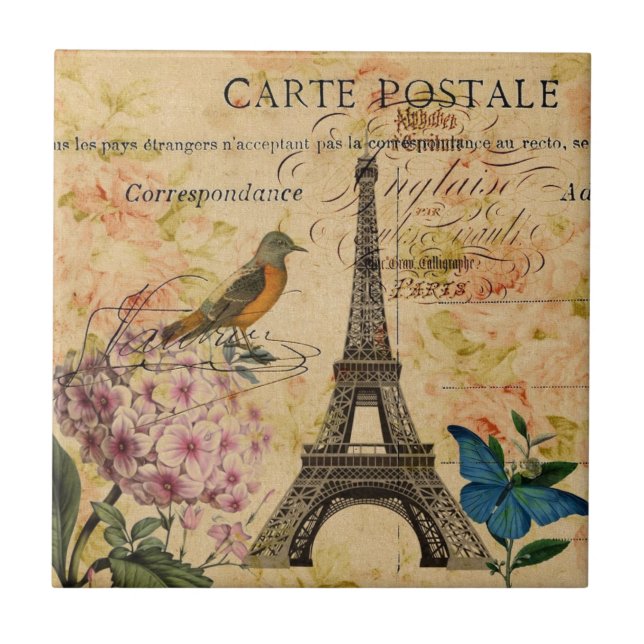 Scripts Hydrangea French Bird Paris Eiffel Tower Tile (Front)