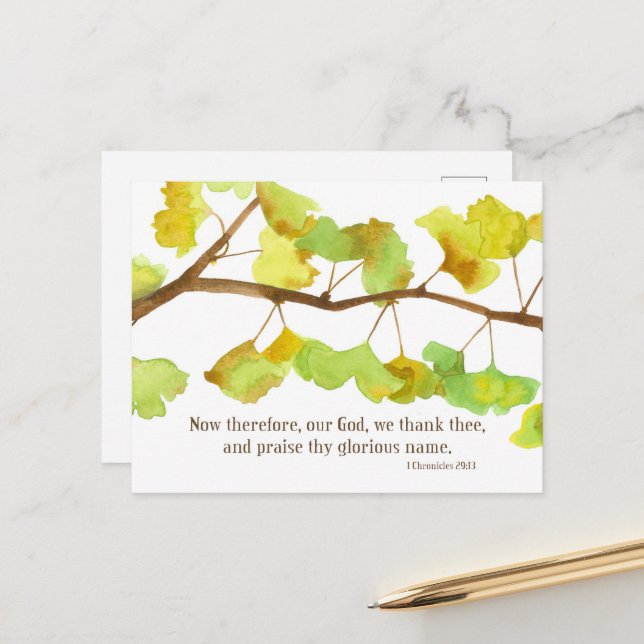 Scripture 1 Chronicles 29 13 Ginkgo Leaf Branch Holiday Postcard (Front/Back In Situ)