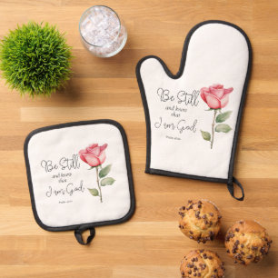 Scripture Be Still and Know that I am God Flower Oven Mitt & Pot Holder Set
