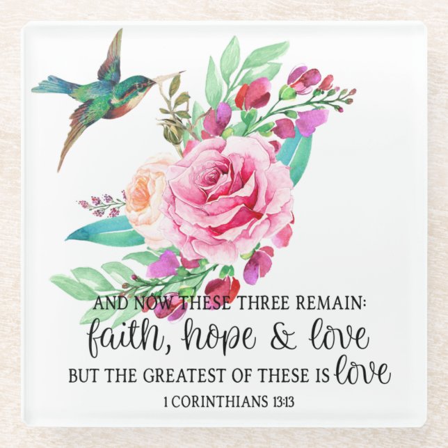 Scripture Bible Verse Pink Rose Bird Religious Glass Coaster (Front)
