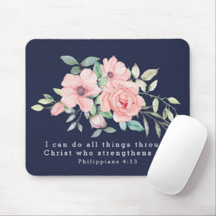 Scripture Philippians 4:13 Floral Watercolor Navy Mouse Pad