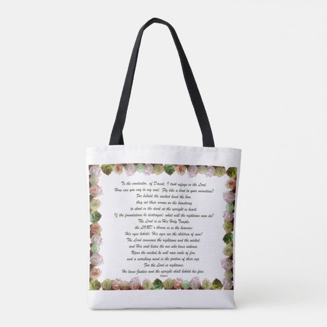 Scripture, Psalm 11, Green Grey Roses Tote Bag (Back)
