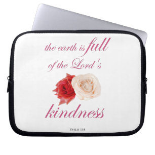 Scripture, Psalm 33, Kindness White and Red Rose Laptop Sleeve
