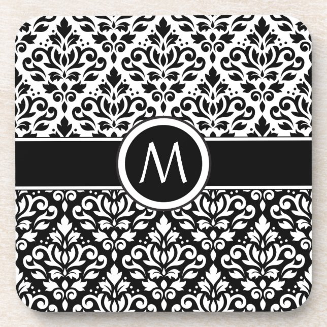 Scroll Damask 2Part Ptn BW & Band (Personalised) Coaster (Front)