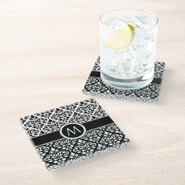 Scroll Damask 2Part Ptn BW & Band (Personalised) Glass Coaster (Angled)