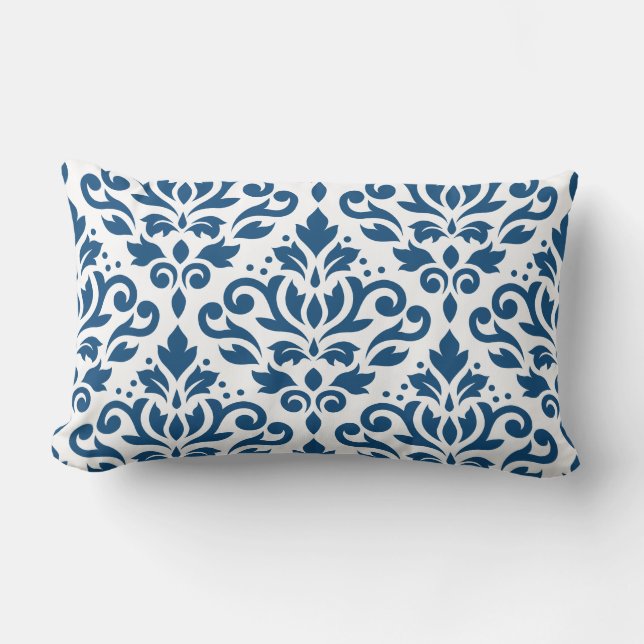 Scroll Damask 2Way Lg Ptn Dk Blue & White Lumbar Cushion (Front)