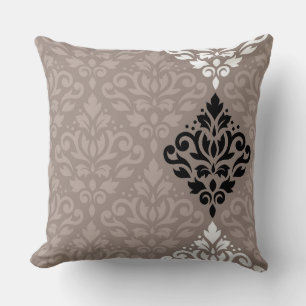 Scroll Damask Art Big Ptn Black White Taupes Cushion