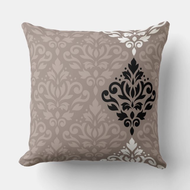Scroll Damask Art Big Ptn Black White Taupes Cushion (Front)