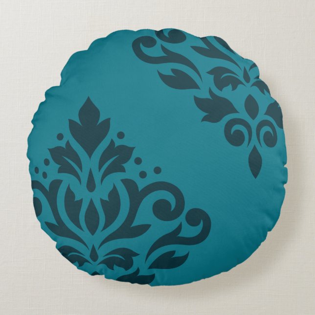 Scroll Damask Art I 2Way Dark & Mid-Teal Round Cushion (Front)