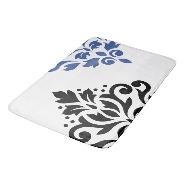 Scroll Damask Art I Black & Blue on White Bath Mat (Angled)